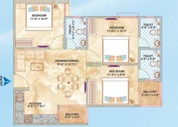 Floor plan of 3 BHK 1060 Sq. Ft. Apartment in Brijhari Govindam Paradise, Jaipur