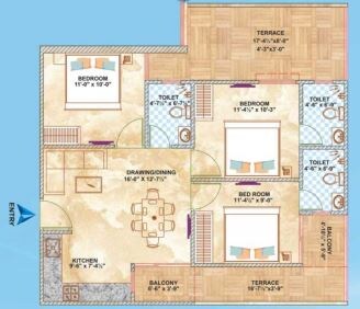 Floor plan of 3 BHK 1265 Sq. Ft. Apartment in Brijhari Govindam Paradise, Jaipur