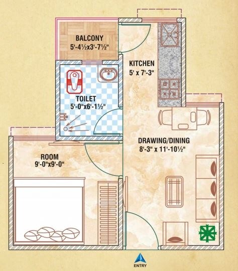 Floor plan of 1 BHK 405 Sq. Ft. Apartment in Govindam Tower, Jaipur