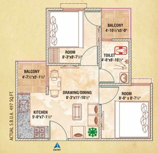 Floor plan of 2 BHK 497 Sq. Ft. Apartment in Govindam Tower, Jaipur