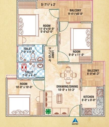 Floor plan of 3 BHK 900 Sq. Ft. Apartment in Govindam Tower, Jaipur