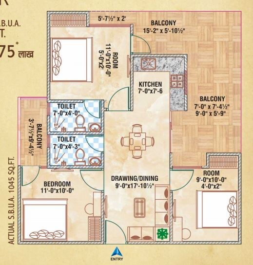 Floor plan of 3 BHK 1045 Sq. Ft. Apartment in Govindam Tower, Jaipur