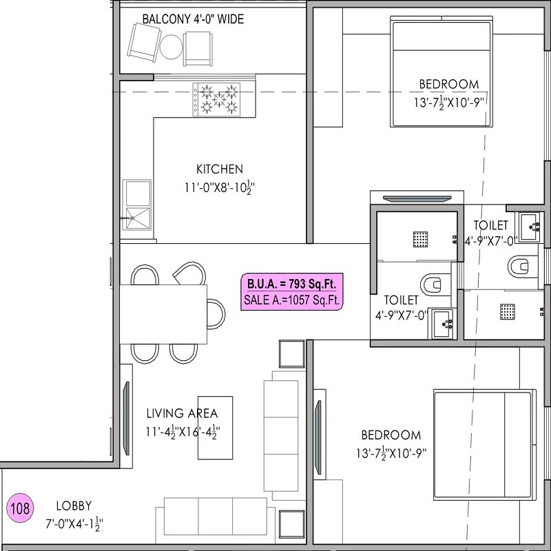Floor plan of 2 BHK 1057 Sq. Ft. Apartment in Century Eco World, Jaipur