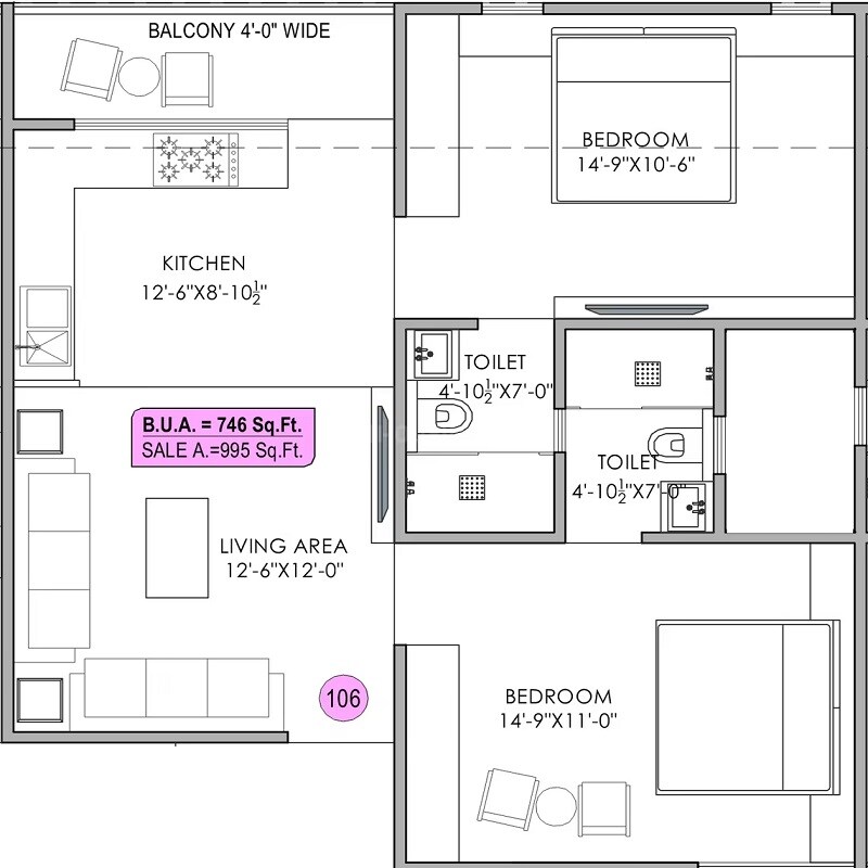 Floor plan of 2 BHK 995 Sq. Ft. Apartment in Century Eco World, Jaipur