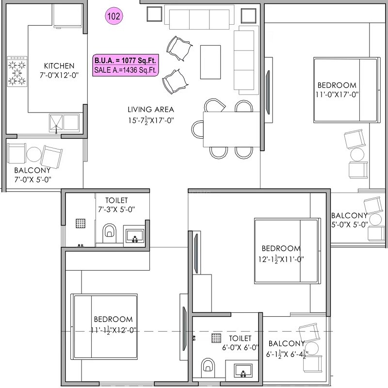 Floor plan of 3 BHK 1436 Sq. Ft. Apartment in Century Eco World, Jaipur