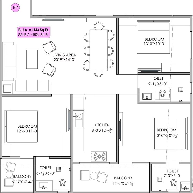 Floor plan of 3 BHK 1524 Sq. Ft. Apartment in Century Eco World, Jaipur