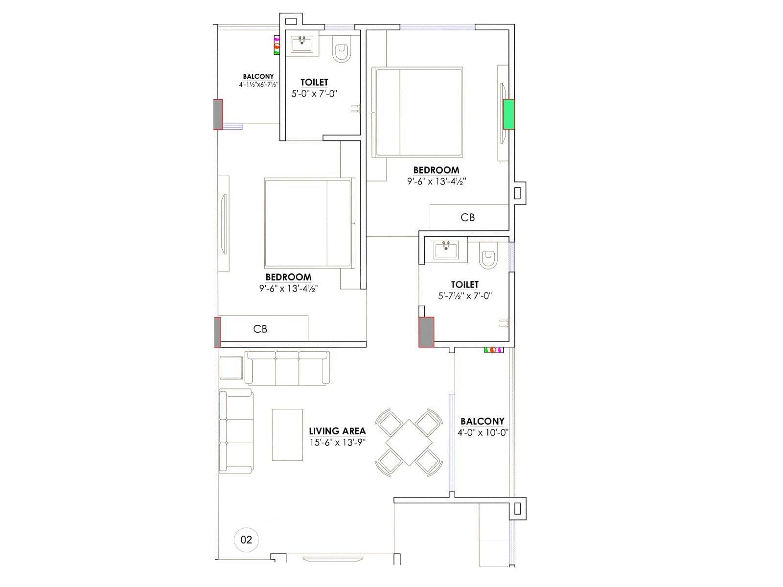 Floor plan of 2 BHK Apartment - 968 sq. ft. in Century Eco World I, Jaipur