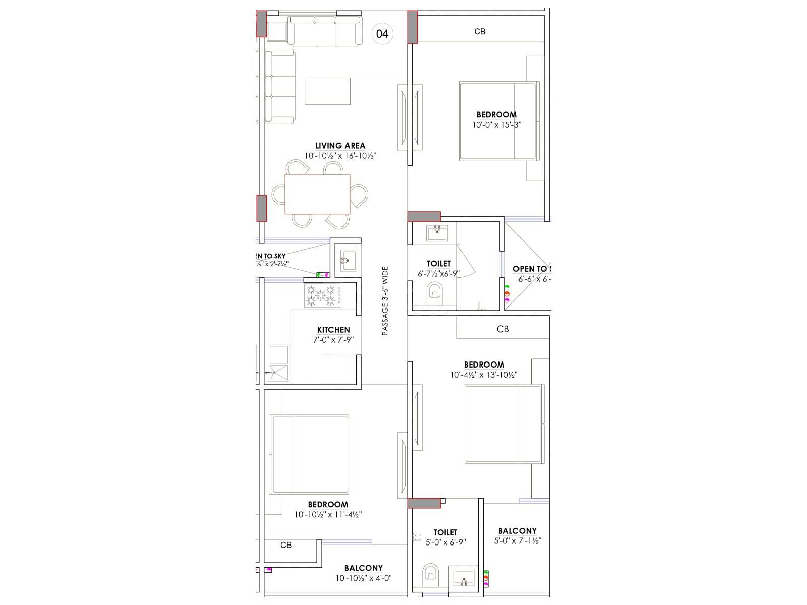 Floor plan of 3 BHK Apartment - 1233 sq. ft. in Century Eco World I, Jaipur