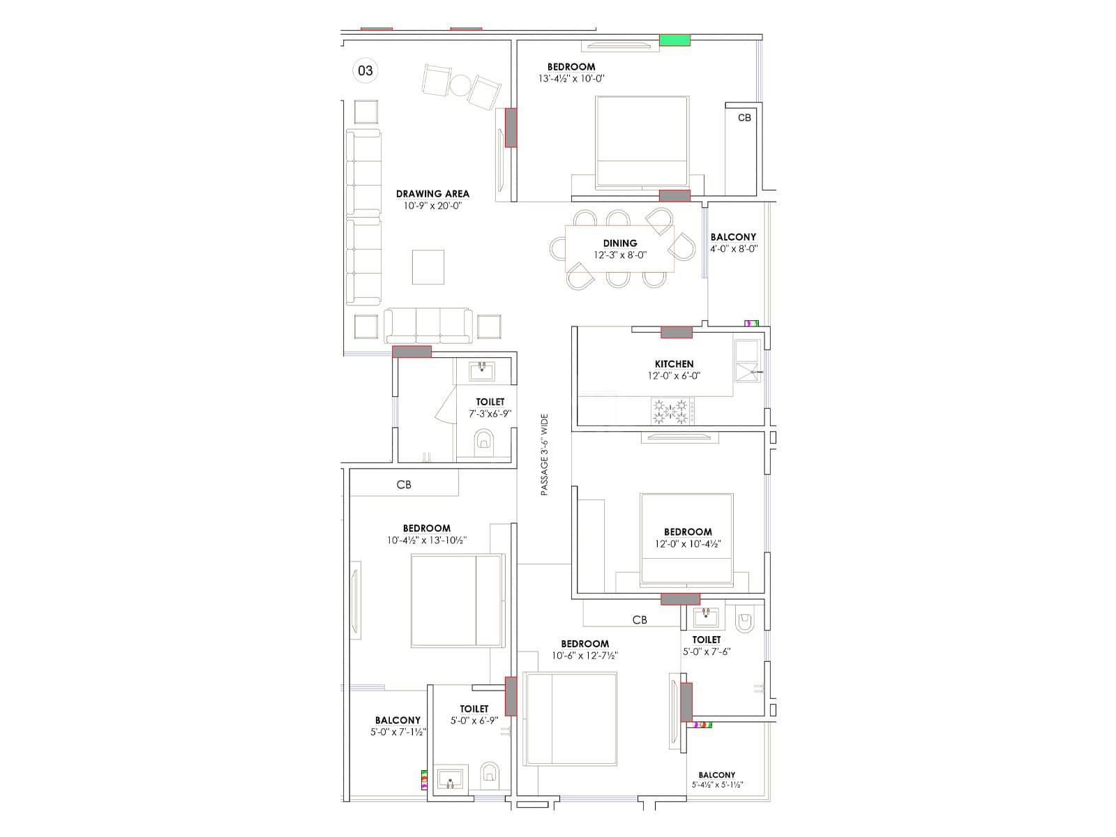 Floor plan of 4 BHK Apartment - 1772 sq. ft. in Century Eco World I, Jaipur