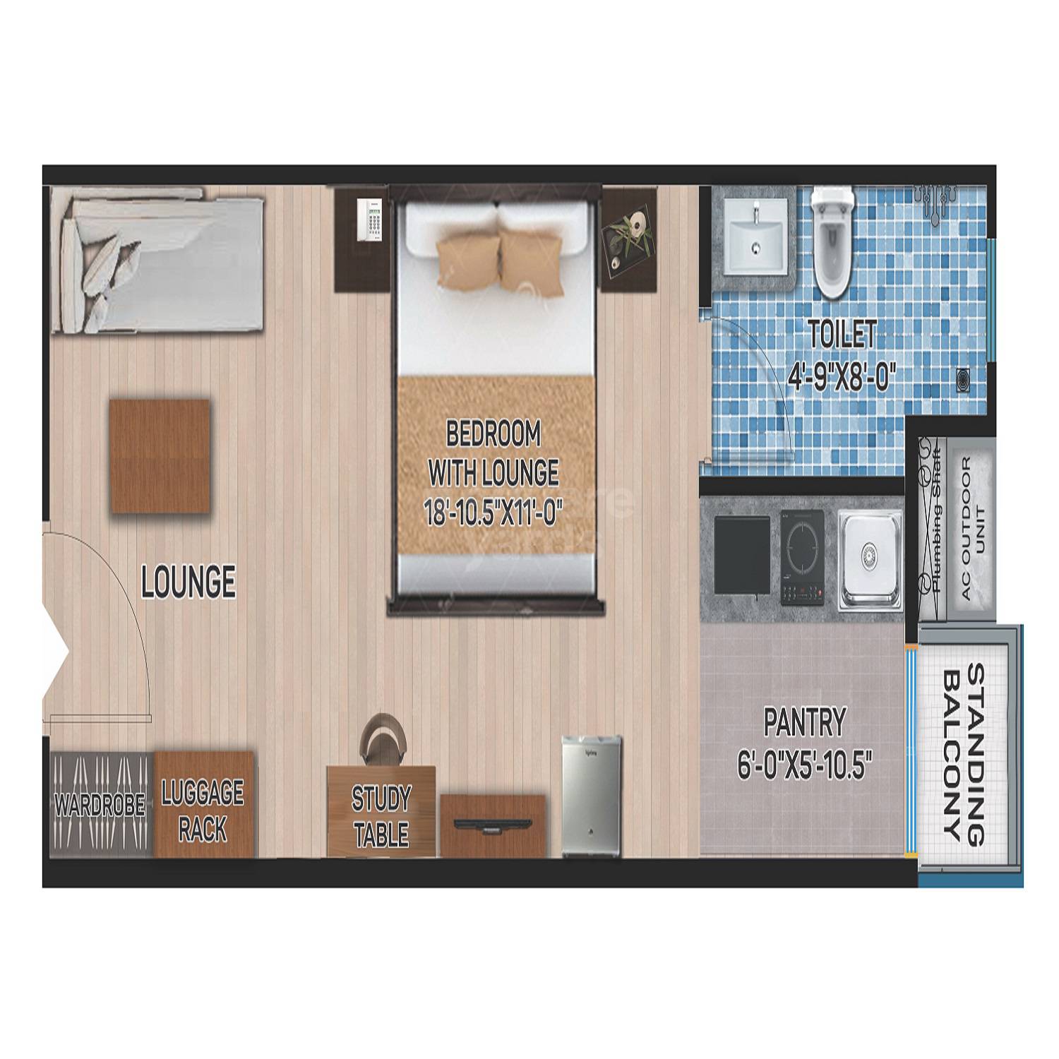 Floor plan of 521 Sq. Ft. Studio in Charu Urban Suites, Jaipur