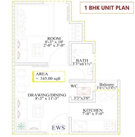 Floor plan of 1 BHK Apartment - 345 sq. ft. in Chordia Ghar Aangan, Jaipur