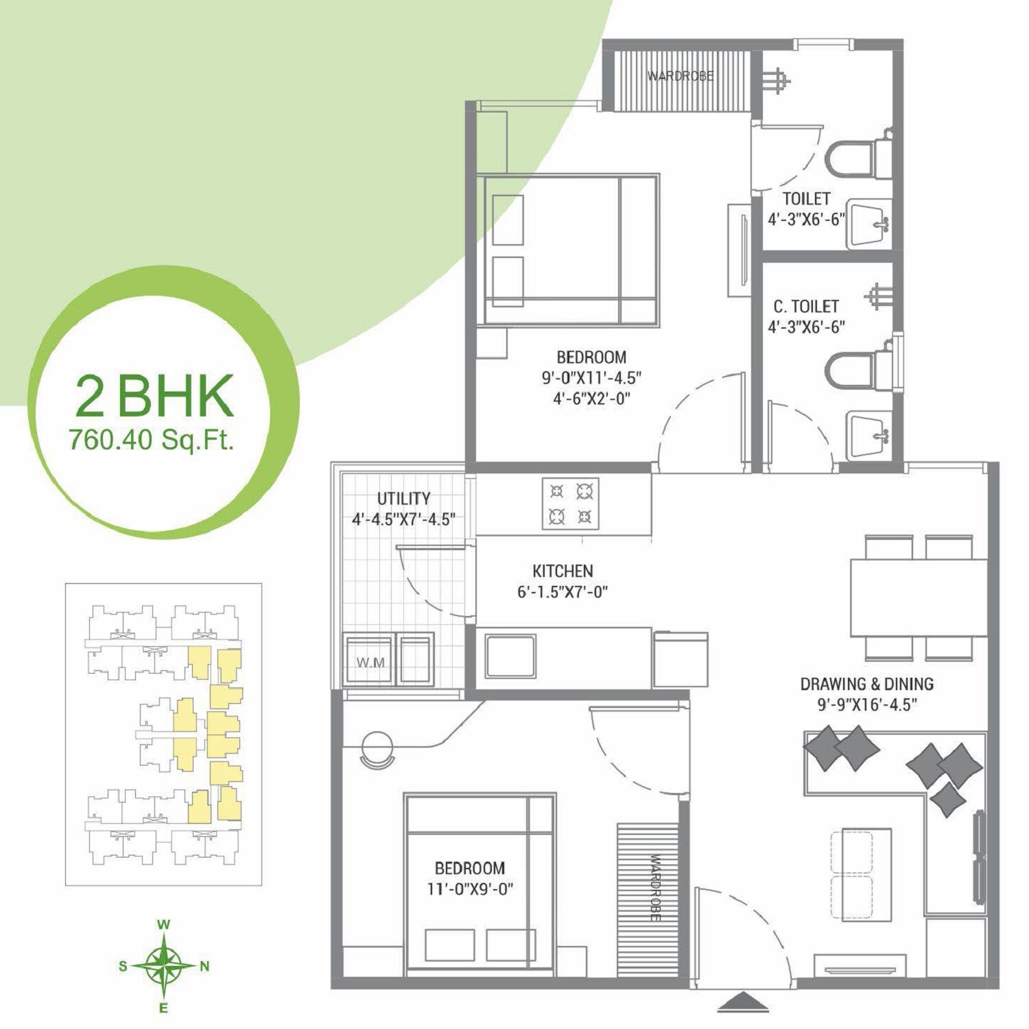Floor plan of 2 BHK 760 Sq. Ft. Apartment in Chordia Utsav, Jaipur