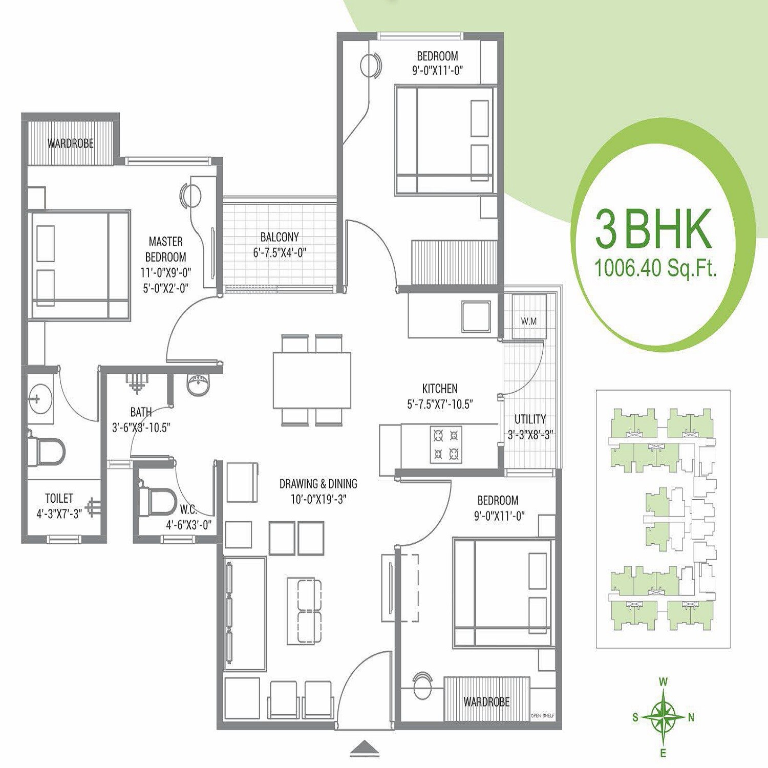 Floor plan of 3 BHK 1006 Sq. Ft. Apartment in Chordia Utsav, Jaipur
