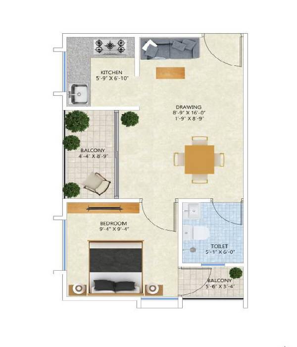 Floor plan of 1 BHK 545 Sq. Ft. Apartment in Chordias Aashiyana, Jaipur
