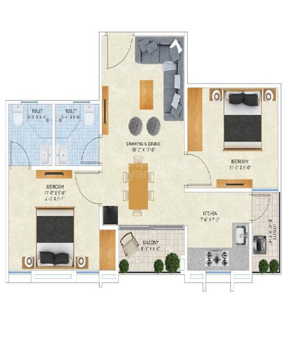 2 BHK 810 Sq. Ft. Apartment