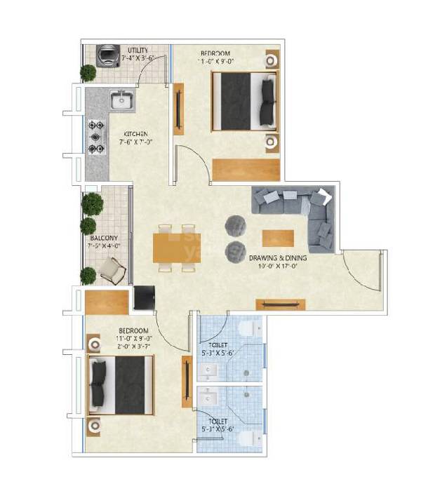 Floor plan of 2 BHK 839 Sq. Ft. Apartment in Chordias Aashiyana, Jaipur