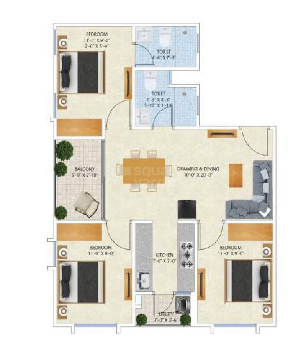 3 BHK 1047 Sq. Ft. Apartment