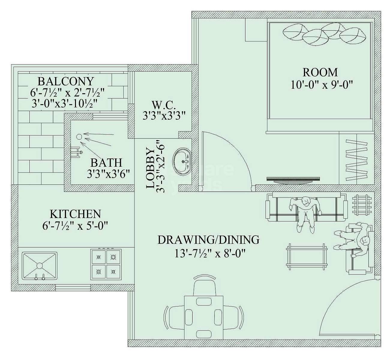 Floor plan of 1 BHK 405 Sq. Ft. Apartment in Chordias Atulya, Jaipur