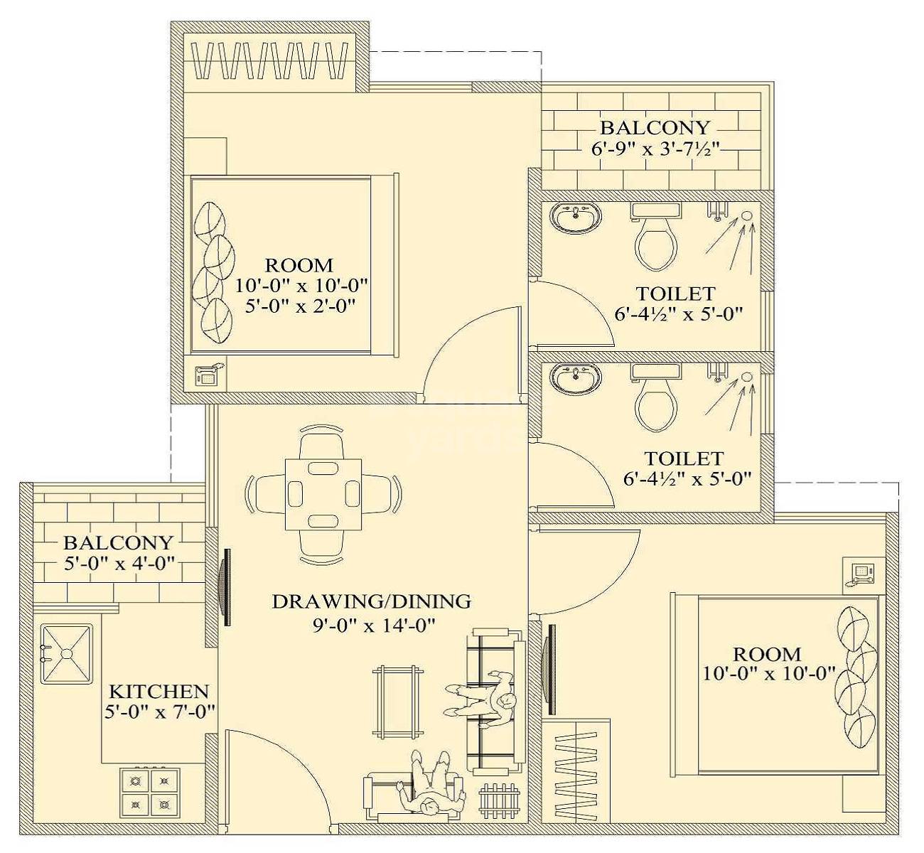 Floor plan of 2 BHK 612 Sq. Ft. Apartment in Chordias Atulya, Jaipur