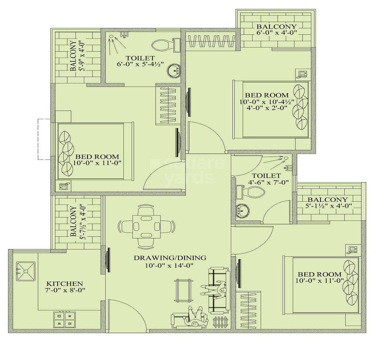 Floor plan of 3 BHK 843 Sq. Ft. Apartment in Chordias Atulya, Jaipur