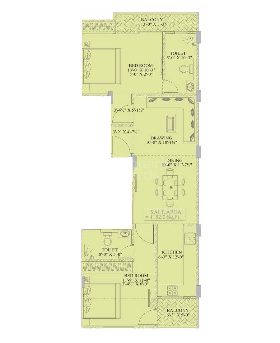 Floor plan of 2 BHK 1152 Sq. Ft. Apartment in Chordias G4, Jaipur