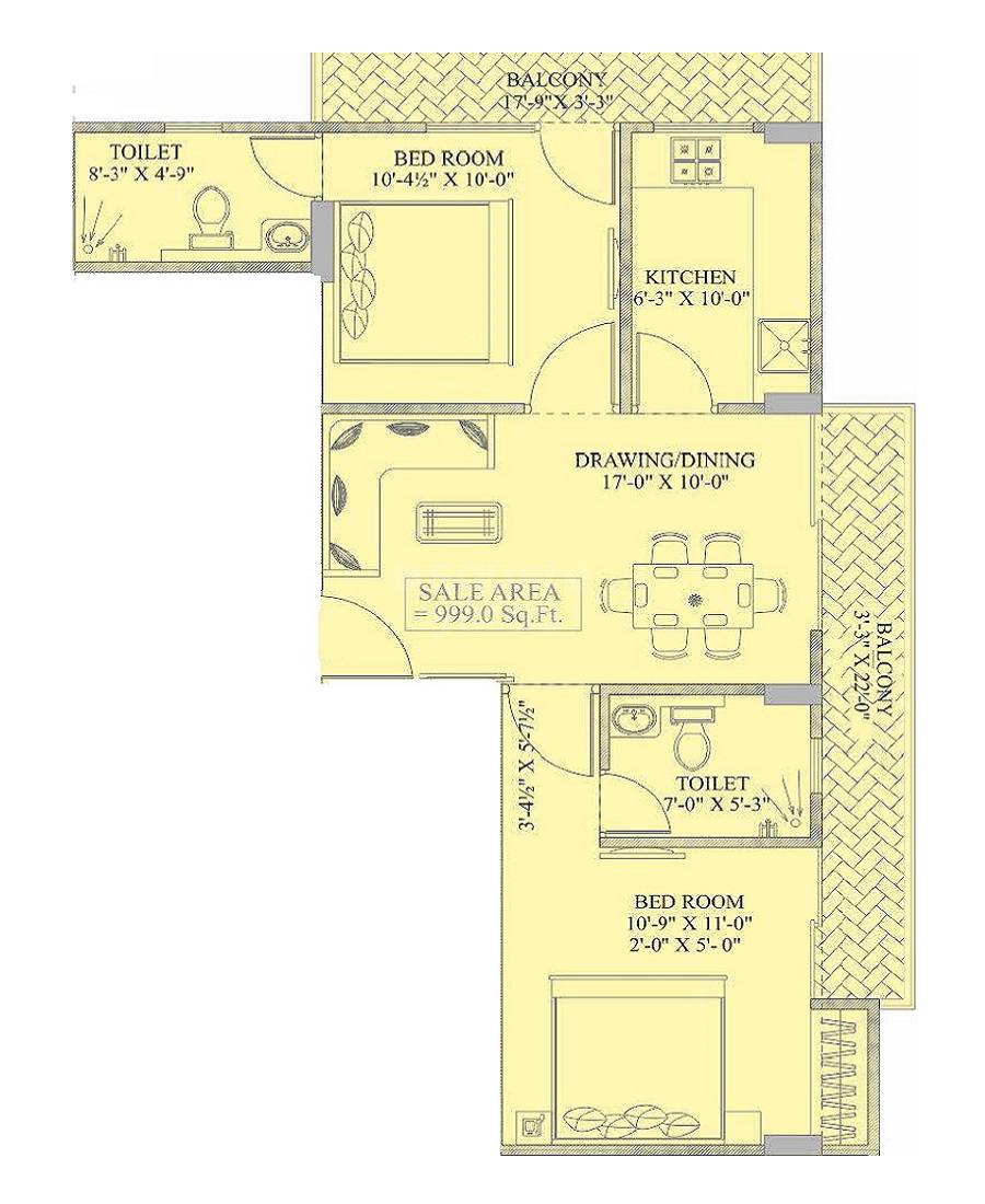 Floor plan of 2 BHK 999 Sq. Ft. Apartment in Chordias G4, Jaipur