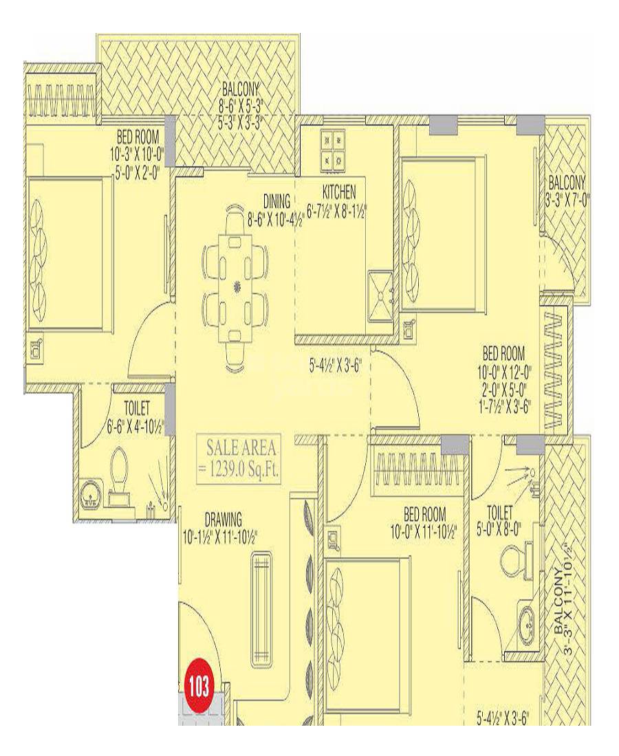 Floor plan of 3 BHK 1239 Sq. Ft. Apartment in Chordias G4, Jaipur