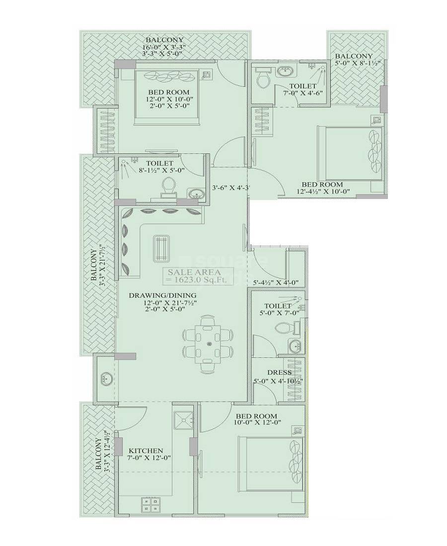 Floor plan of 3 BHK 1623 Sq. Ft. Apartment in Chordias G4, Jaipur