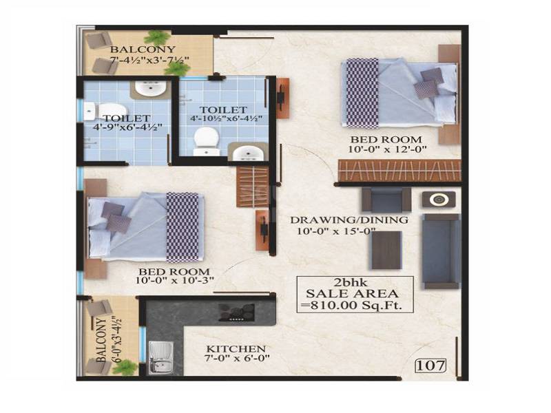 2 BHK 810 Sq. Ft. Apartment