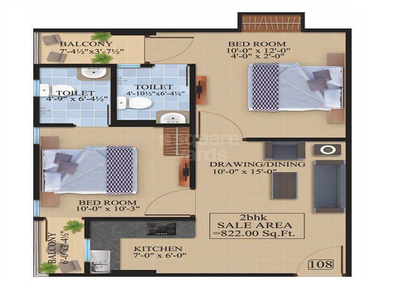 Floor plan of 2 BHK 822 Sq. Ft. Apartment in Chordias Shagun, Jaipur