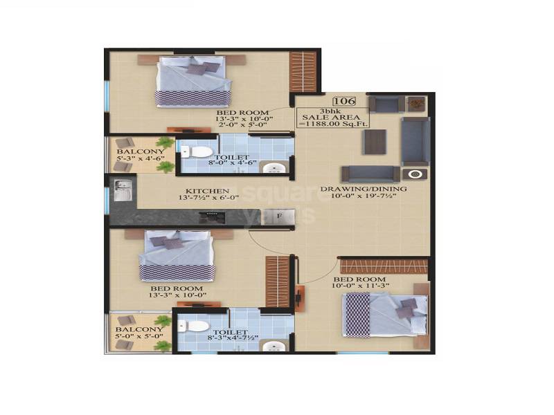 Floor plan of 3 BHK 1188 Sq. Ft. Apartment in Chordias Shagun, Jaipur