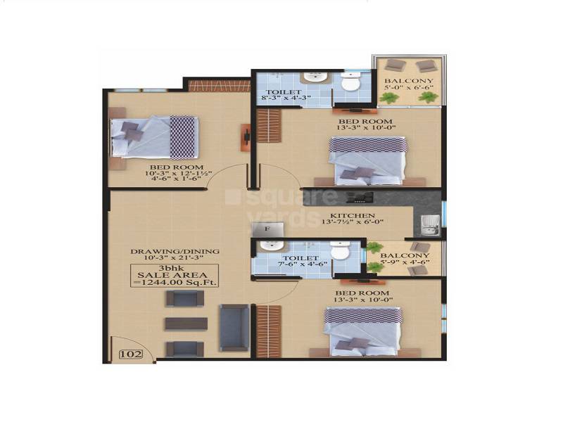 Floor plan of 3 BHK 1244 Sq. Ft. Apartment in Chordias Shagun, Jaipur