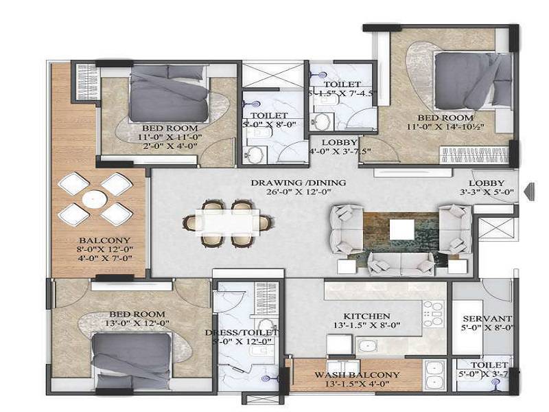 Floor plan of 3 BHK 1133 Sq. Ft. Apartment in Chordias The Crown, Jaipur