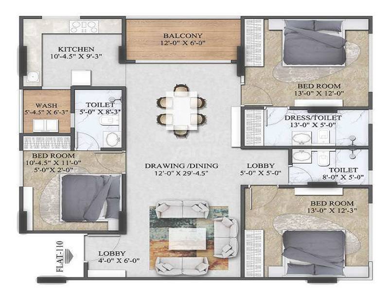 Floor plan of 3 BHK 887 Sq. Ft. Apartment in Chordias The Crown, Jaipur