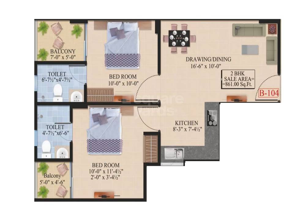 Floor plan of 2 BHK 861 Sq. Ft. Apartment in Chordias Wonder Homes, Jaipur