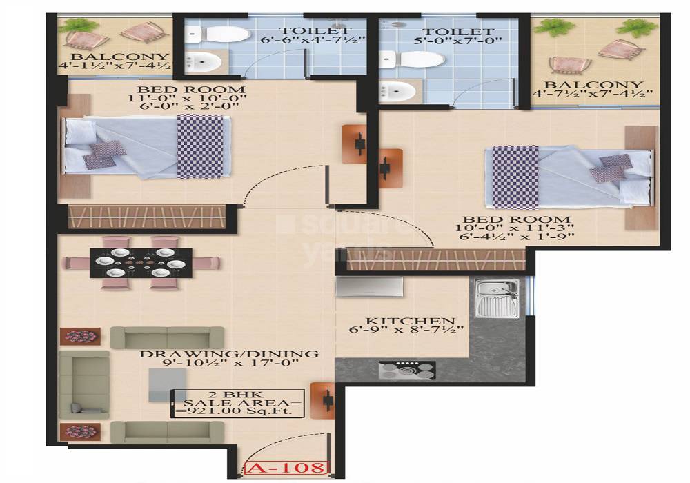 Floor plan of 2 BHK 921 Sq. Ft. Apartment in Chordias Wonder Homes, Jaipur