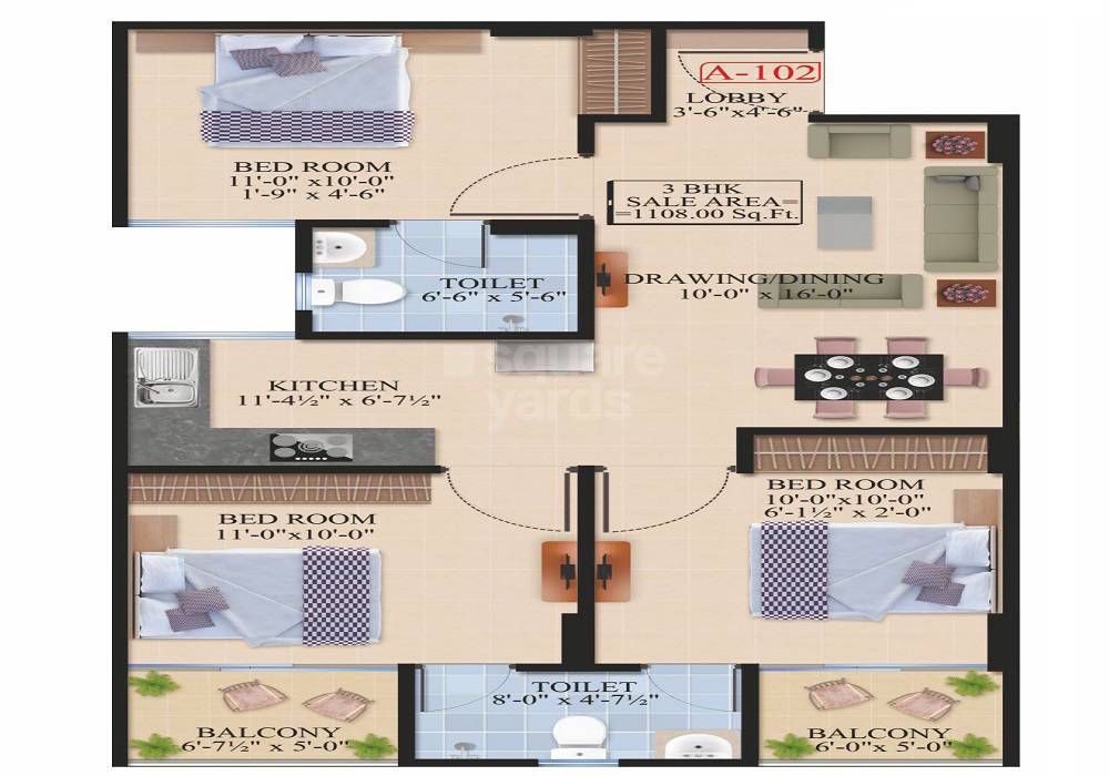 Floor plan of 3 BHK 1108 Sq. Ft. Apartment in Chordias Wonder Homes, Jaipur