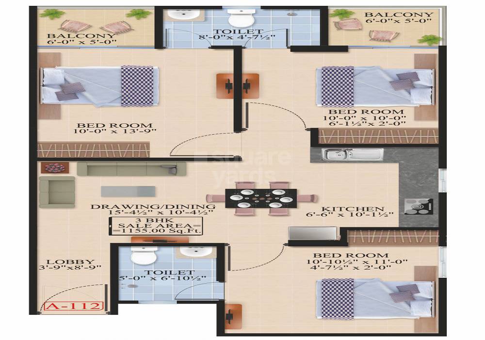 Floor plan of 3 BHK 1155 Sq. Ft. Apartment in Chordias Wonder Homes, Jaipur