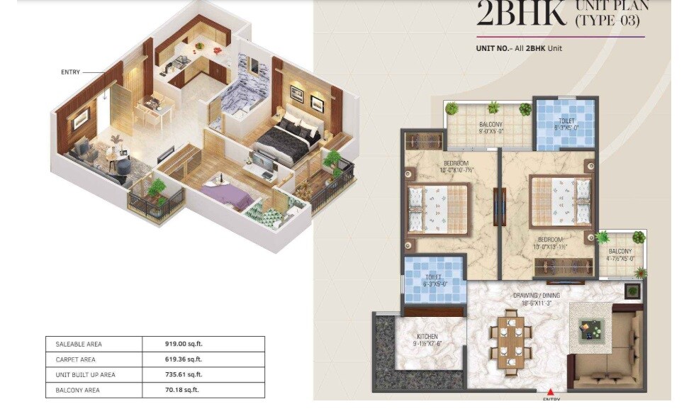 Floor plan of 2 BHK 619 Sq. Ft. Apartment in City Home Century One, Jaipur