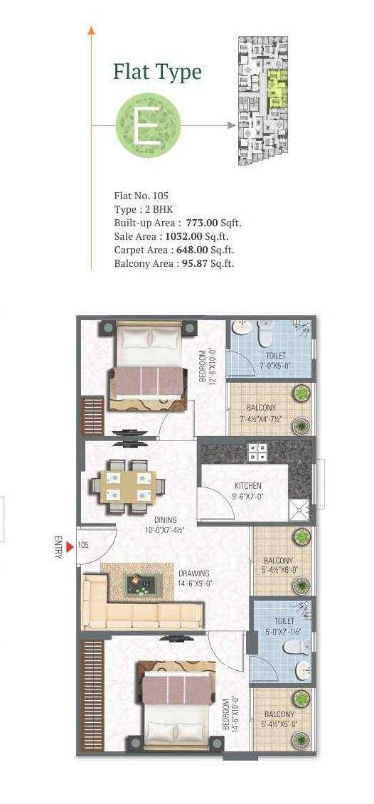 Floor plan of 2 BHK Apartment - 1032 sq. ft. in Ckd Kalpatru Heights, Jaipur