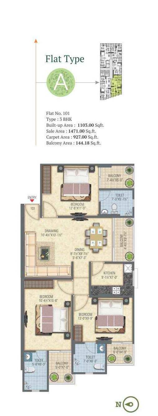 Floor plan of 3 BHK Apartment - 1471 sq. ft. in Ckd Kalpatru Heights, Jaipur