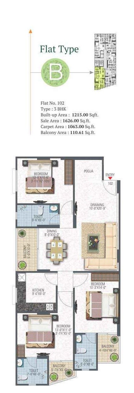 Floor plan of 3 BHK Apartment - 1626 sq. ft. in Ckd Kalpatru Heights, Jaipur