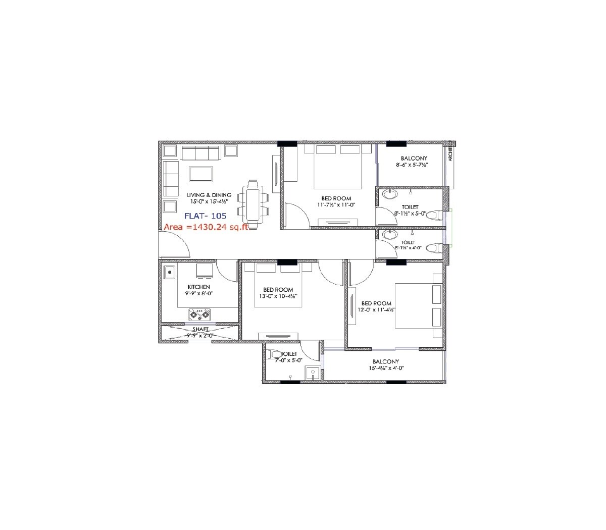 Floor plan of 3 BHK 1430 Sq. Ft. Apartment in CM Town Square, Jaipur