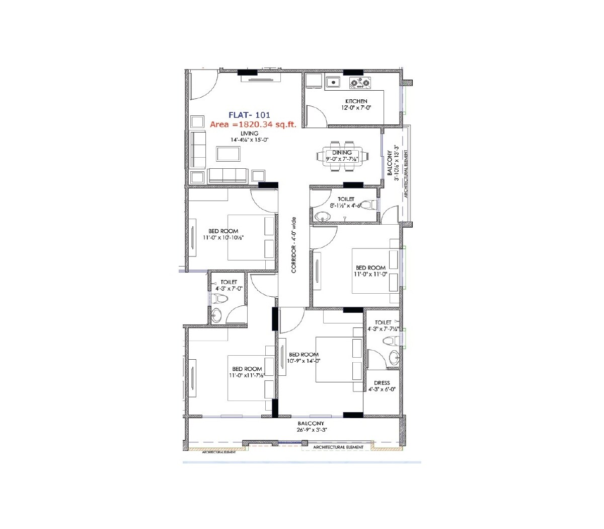 Floor plan of 4 BHK 1820 Sq. Ft. Apartment in CM Town Square, Jaipur