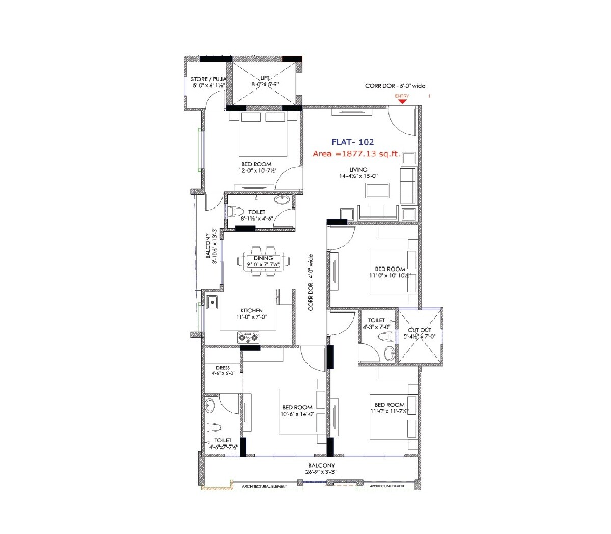 Floor plan of 4 BHK 1877 Sq. Ft. Apartment in CM Town Square, Jaipur