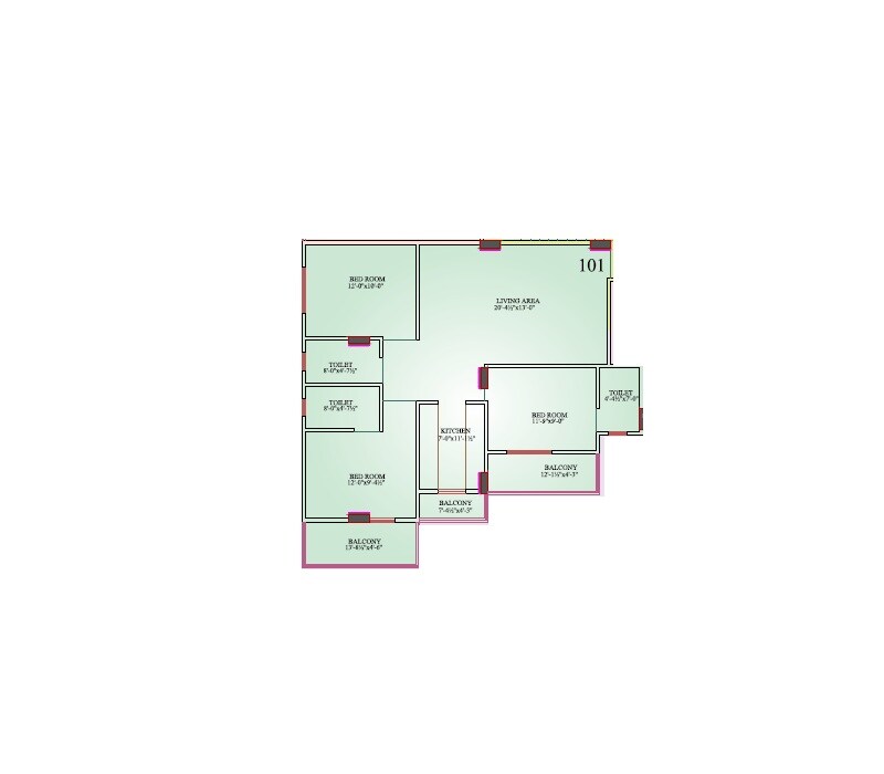 Floor plan of 3 BHK 1480 Sq. Ft. Apartment in CM Town Square II, Jaipur