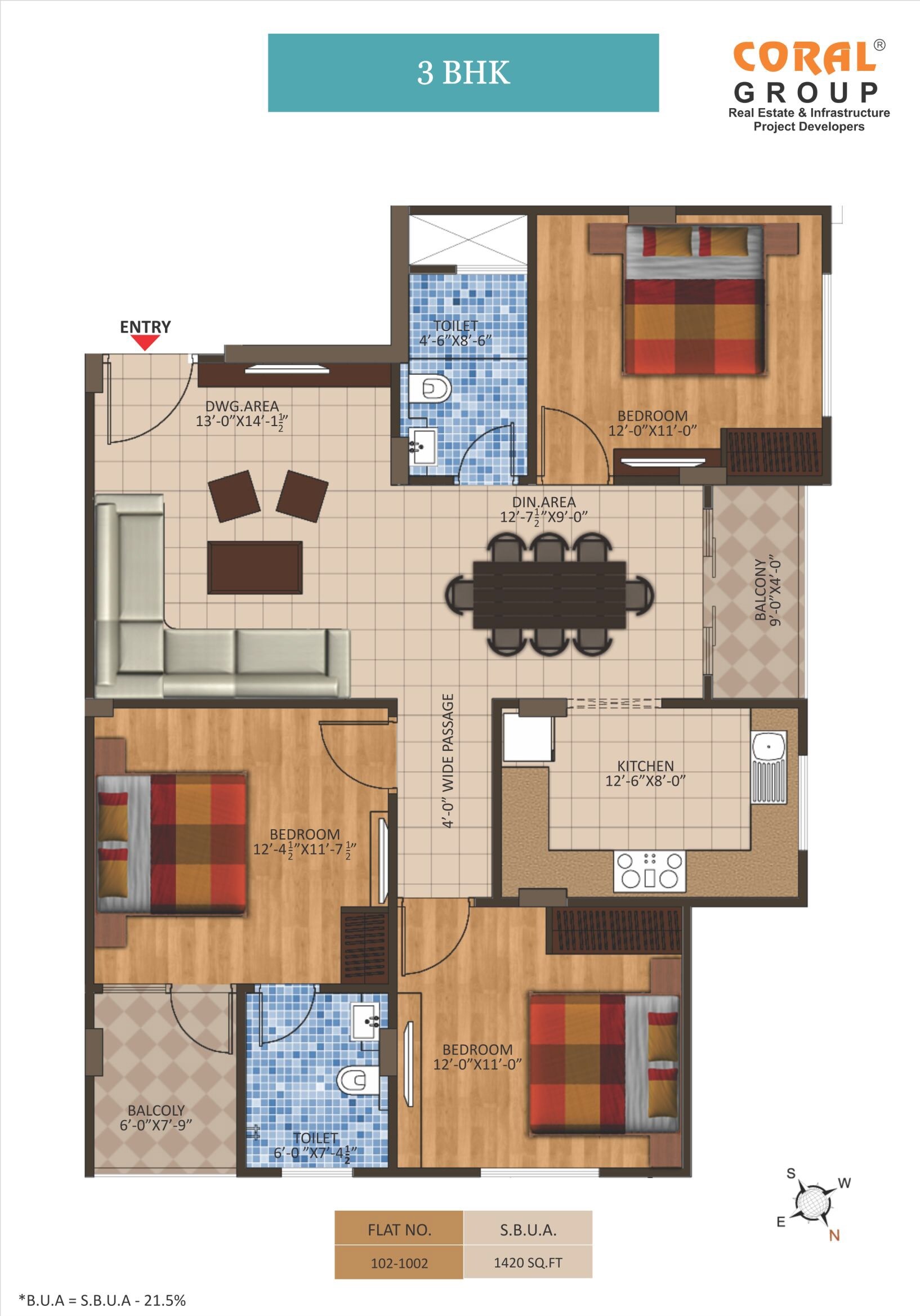 Floor plan of 3 BHK 1420 Sq. Ft. Apartment in Coral Evoq, Jaipur