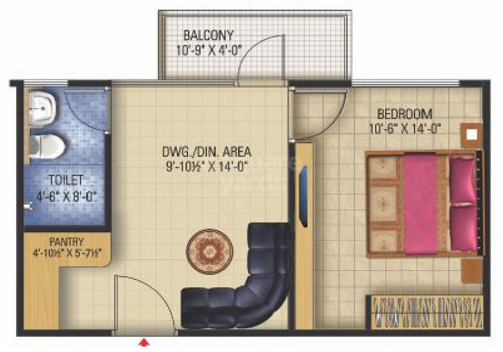 Floor plan of 1 BHK 358 Sq. Ft. Apartment in Coral Radha Krishna, Jaipur