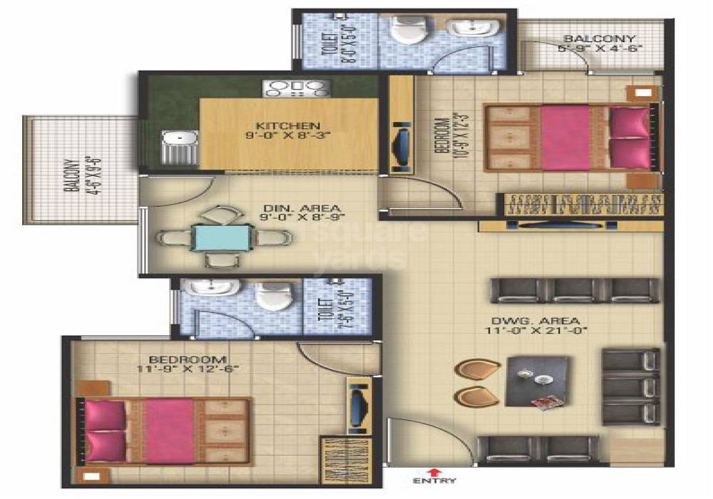 Floor plan of 2 BHK 715 Sq. Ft. Apartment in Coral Radha Krishna, Jaipur