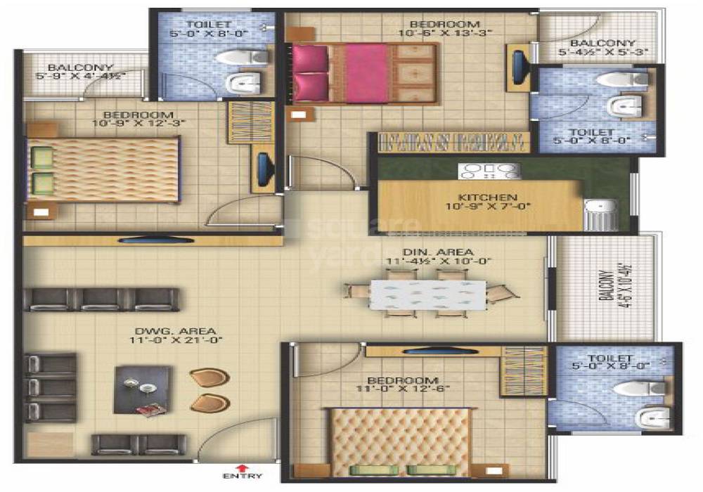 Floor plan of 3 BHK 970 Sq. Ft. Apartment in Coral Radha Krishna, Jaipur